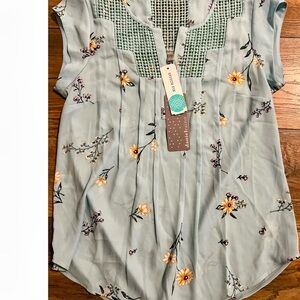 Daniel Rainn Size PS Blue Pleated Cap Sleeve Split Neck Blouse Orange Flowers